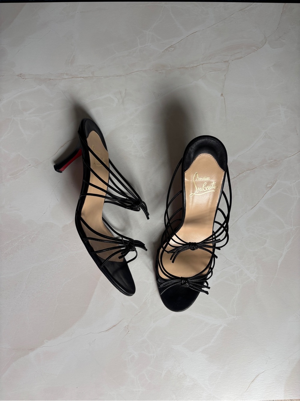 Christian Louboutin Black Strappy Open-Toe Heels with Signature Red Soles - Picture 7 of 10